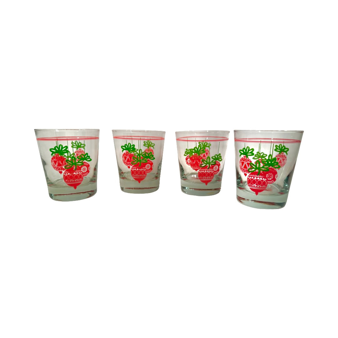 Vintage Red and Green Holiday Ornament Double Old Fashion Glasses (Set of 4)