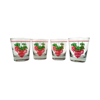 Vintage Red and Green Holiday Ornament Double Old Fashion Glasses (Set of 4)