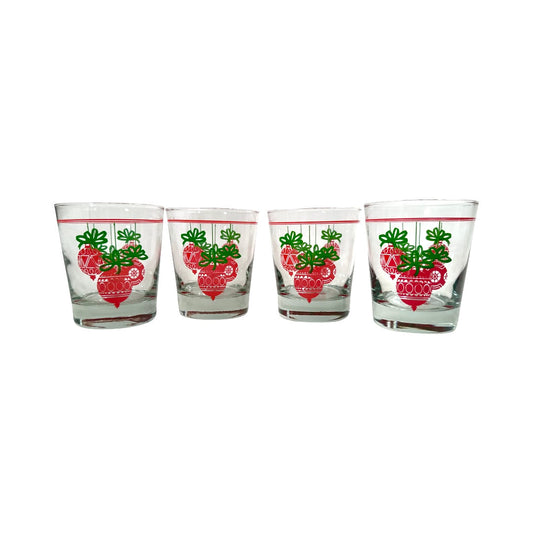 Vintage Red and Green Holiday Ornament Double Old Fashion Glasses (Set of 4)