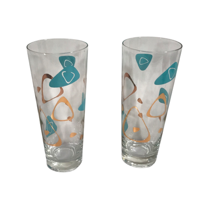 Federal Glass Mid-Century Turquoise and 22-Karat Gold Amoeba Boomerang Atomic Tall Collins Glasses (Set of 2)