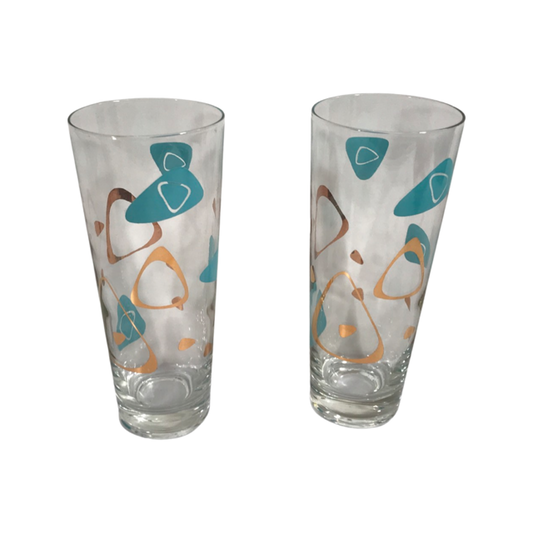 Federal Glass Mid-Century Turquoise and 22-Karat Gold Amoeba Boomerang Atomic Tall Collins Glasses (Set of 2)